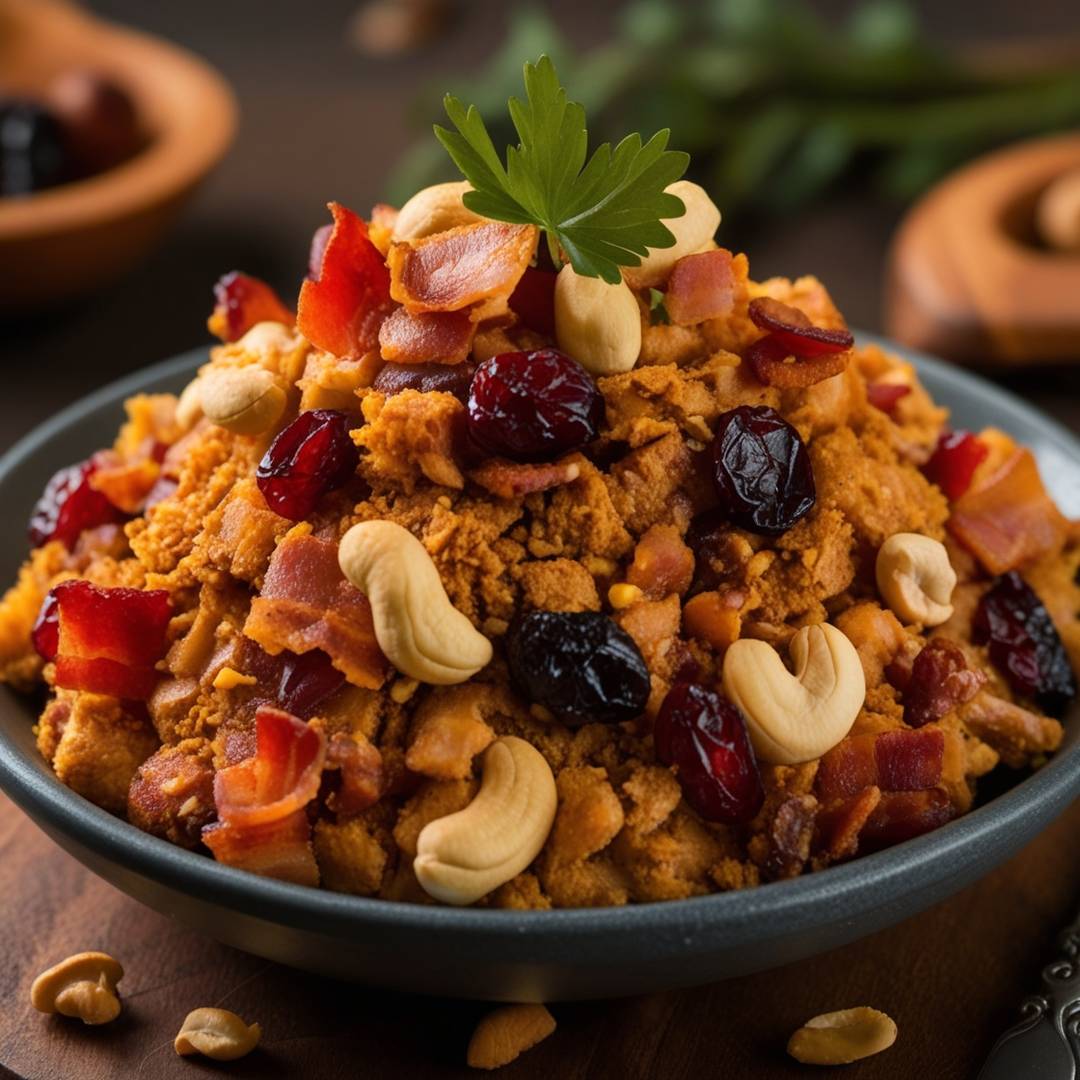 Farofa Natalina com Frutas Secas, Bacon e Castanhas