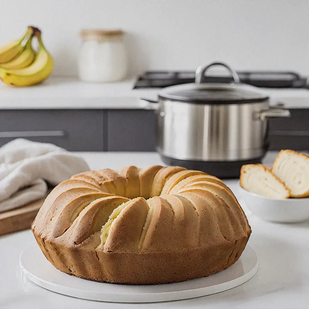 Freshly baked bundt cake on a plate in a modern kitchen setting with bananas and a saucepan in the background.