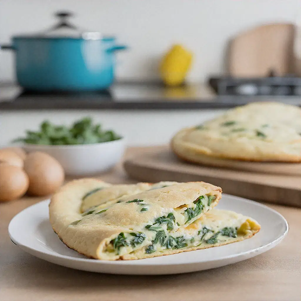 Delicious spinach-filled omelette served on a white plate in a cozy kitchen with eggs and arugula nearby.