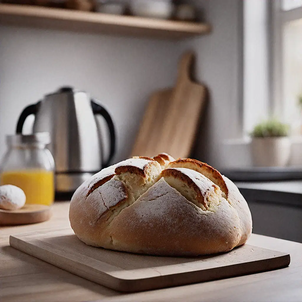 Homemade artisan bread placed on a wooden cutting board with orange juice and a teapot in the background.