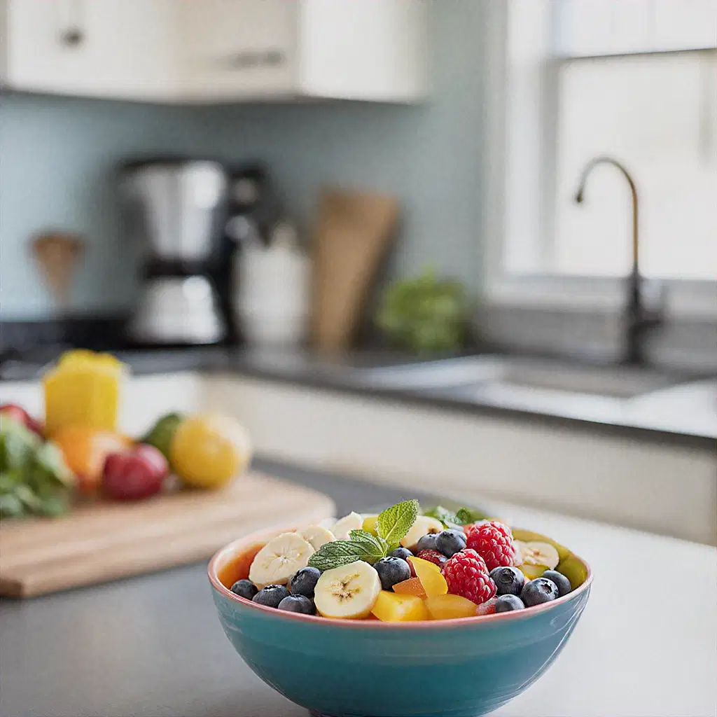 Colorful fruit salad bowl with bananas, berries, and oranges on a kitchen counter with fresh ingredients in the background.