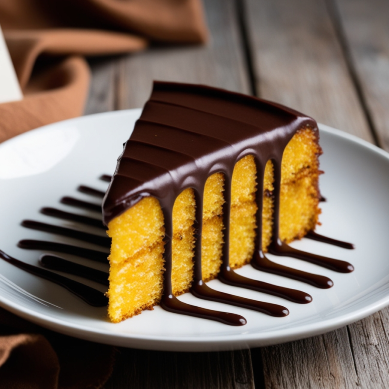 Image is a high-resolution photograph featuring a single slice of cake on a white plate. The cake is a vibrant yellow, suggesting a flavor like orange or carrot, and is topped with a smooth, glossy layer of chocolate icing. The icing is evenly spread, covering the top and slightly dripping down the sides. The plate is decorated with a drizzle of chocolate sauce, artistically arranged in parallel lines beneath the cake slice. The background includes a blurred, rustic wooden surface and a piece of brown fabric, adding a warm, cozy atmosphere to the composition. A partially visible, out-of-focus card with cursive writing is positioned in the upper left corner, contributing to the image's inviting and homemade aesthetic.