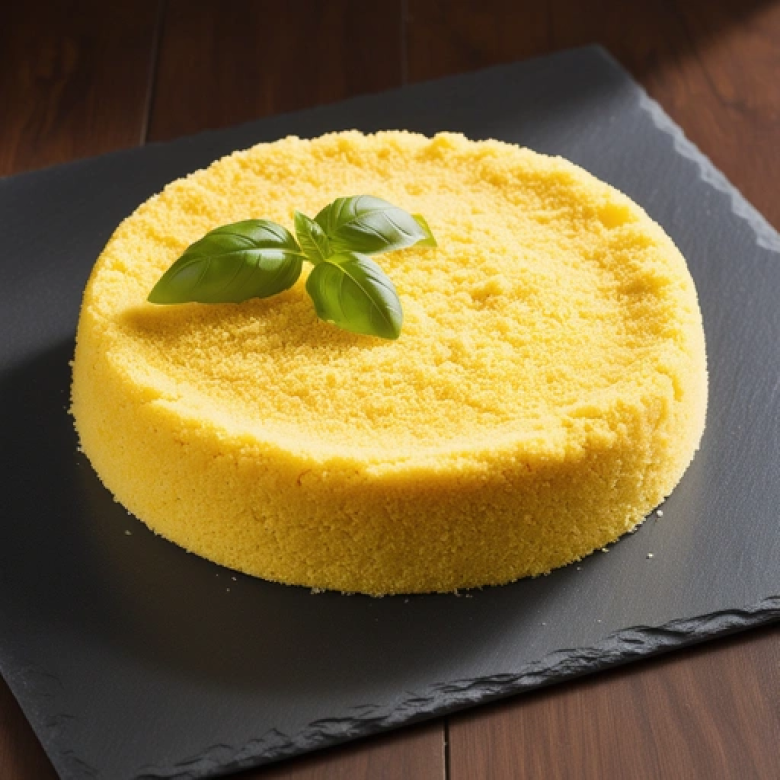 Image features a close-up view of a round, yellow couscous placed on a dark slate surface. The cake has a coarse texture, indicative of ground cornmeal, and is topped with a small sprig of fresh green basil leaves, adding a touch of color contrast. The lighting highlights the cake's vibrant yellow hue and the rough, crumbly surface, suggesting a freshly made, rustic appearance. The dark background enhances the brightness of the cake, making it the focal point of the image. There are no visible logos or text present in the image.