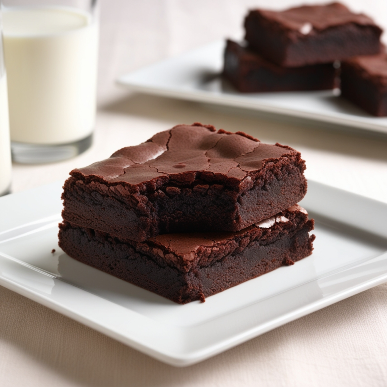 Image is a high-resolution, close-up photograph of two chocolate brownies placed on a white square plate. The brownies have a rich, dark brown color with a glossy, slightly cracked top, indicating a fudgy texture. The edges are slightly crisp, contrasting with the moist interior visible in the cut section. In the background, there is a blurred view of more brownies on a white plate, adding depth to the composition. The setting appears to be a light-colored tablecloth, enhancing the contrast with the dark brownies. The lighting is soft and natural, highlighting the texture and sheen of the brownies. A glass of milk is partially visible on the left side, suggesting a classic pairing with the dessert.