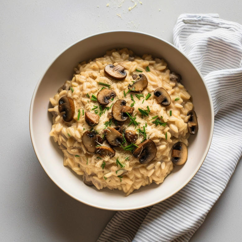 Image features a top-down view of a bowl of creamy mushroom risotto. The dish is presented in a simple, round white bowl placed on a light gray surface. The risotto has a rich, creamy texture with a light brown color, speckled with pieces of sautéed mushrooms. The mushrooms are sliced and browned, adding a rustic touch to the dish. Garnished with finely chopped green herbs, possibly chives, and a sprinkle of grated cheese, the risotto appears appetizing and well-prepared. A white and gray striped cloth napkin is partially visible under the bowl, adding a casual dining aesthetic to the presentation.